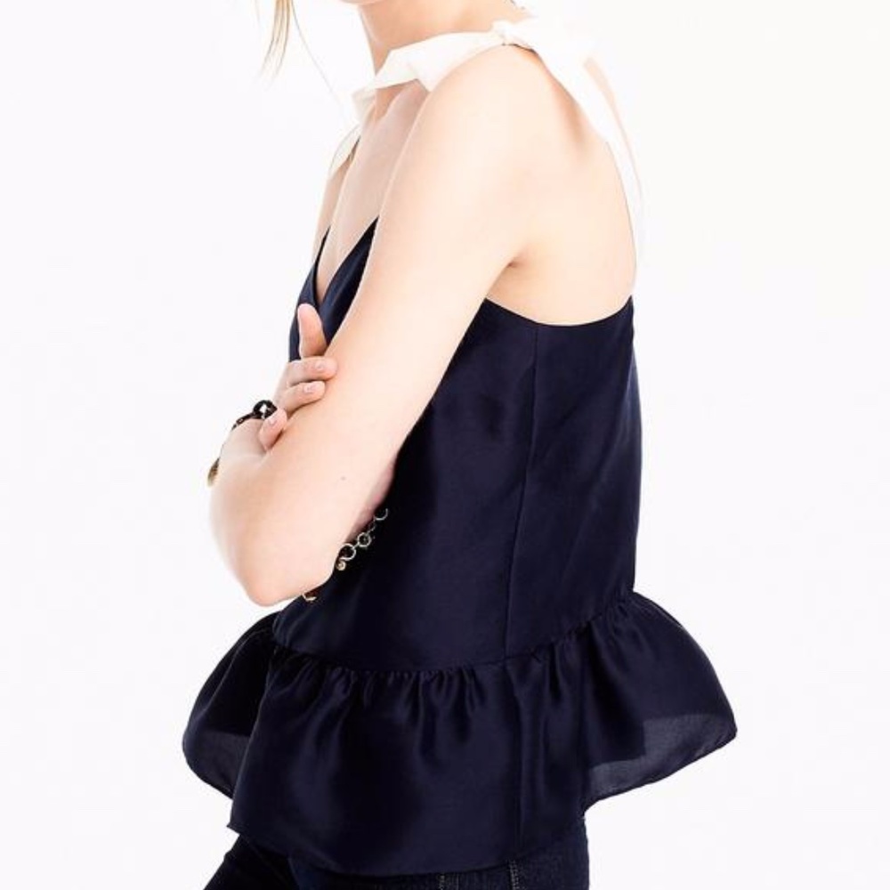 J.Crew Silk Tie-shoulder Peplum Navy/White Top